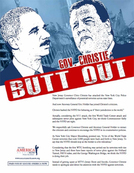 "Secure America Now" took out a full-page advertisement on Mar. 19 in the New Jersey Journal, protesting Gov. Christie's interference into the New York Police Department's counterterrorism efforts. (Click here for enlarged version.)